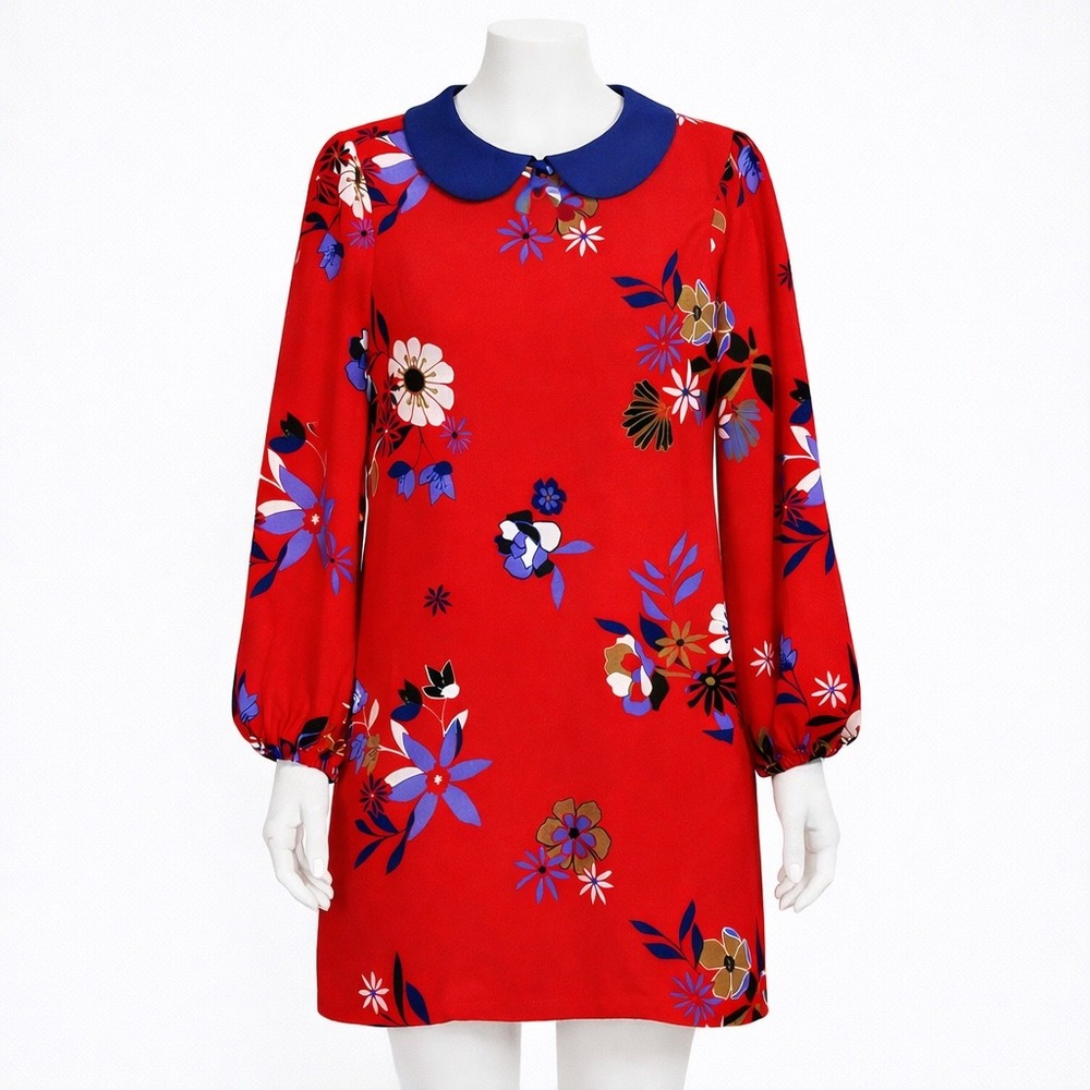 ModCloth Red Floral Peter Pan Collar Shift Dress Women's Large Long Sleeve Mod